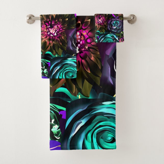 Dark Wonderland Bold Glamour Floral Flowers Bath Towel Set (Insitu)