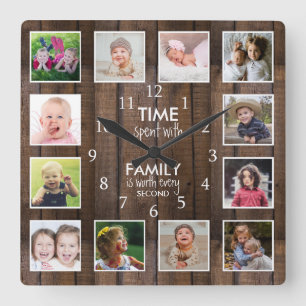 Dark Wood 12 Photo Template Time Family Quote Square Wall Clock