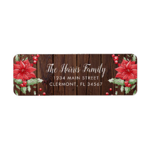 Dark Wood Christmas Poinsettia Holly Berry Label