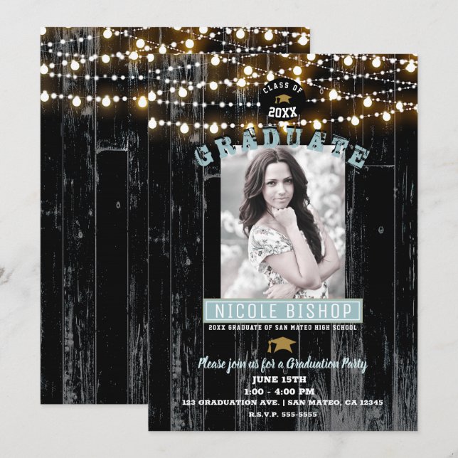Dark Wood & Lights Rustic Photo Graduation Party   Invitation (Front/Back)