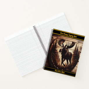 Dark wood moose on rustic backdrop notebook