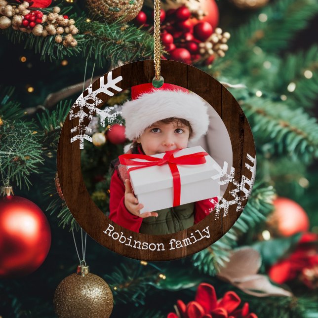Dark Wood Rustic Circle Photo Snowflakes Ceramic Ornament (Rustic snowflake family holiday keepsake photo ornament perfect for gifts to bring joy to others.)