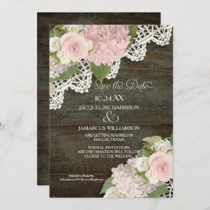 Dark Wood Save the Date Photo Lace Pink Hydrangea Invitation