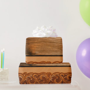 Dark Wood Tooled Leather Western Natural Style  Wrapping Paper