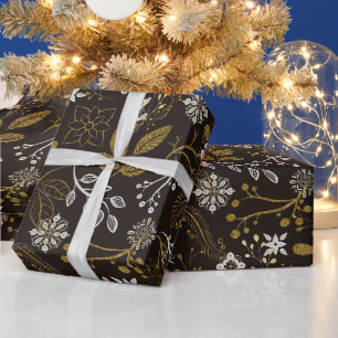 Dark Woodland Botanical Snowflake Christmas Wrapping Paper