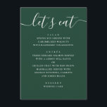 Dark Woodland Green Wedding | Modern Script Dinner Menu<br><div class="desc">This wedding menu is designed for sit down receptions where guests are served a curated meal. The layout keeps each course clearly separated. The script heading adds a sense of character, while the rest of the text stays structured and practical. Works well for modern elegant and semi-formal weddings, especially evening...</div>