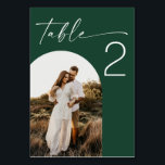 Dark Woodland Green Wedding | Modern Script Photo Table Number<br><div class="desc">This wedding table number card features a dark woodland green background with a photo of the couple and clear, easy to read text. The layout keeps the table number visible from a distance, while the photo adds a personal detail that makes each table feel more meaningful. The design works well...</div>