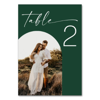 Dark Woodland Green Wedding | Modern Script Photo Table Number