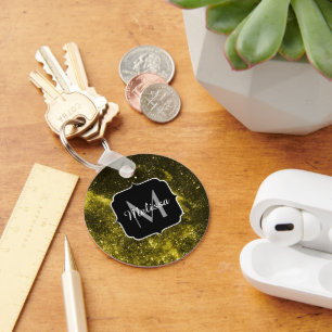 Dark yellow black abstract galaxy Monogram Ping Po Keychain