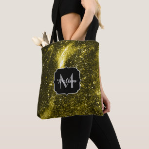 Dark yellow black abstract galaxy Monogram Tote Bag