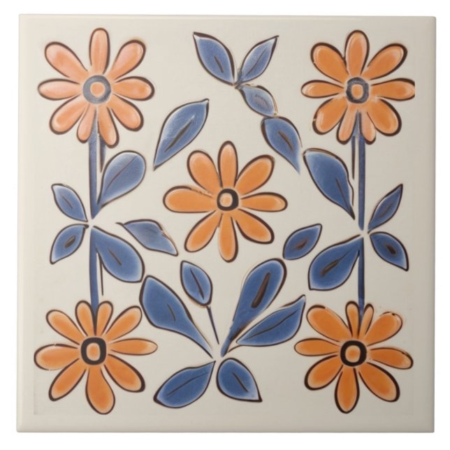Dark Yellow & Teal Floral Flowers Mediterranean Tile (Front)