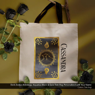 Dark Zodiac Astrology: Aquarius Black Gold Name Tote Bag