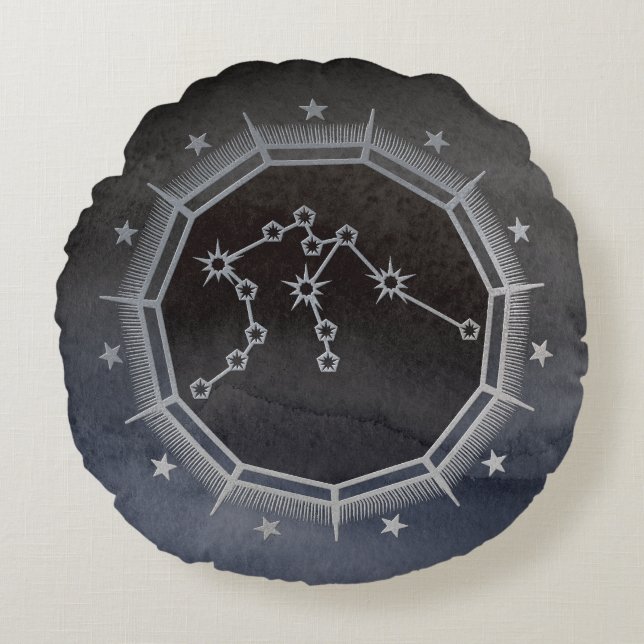 Dark Zodiac Astrology: Aquarius Black & Silver Round Pillow (Front)