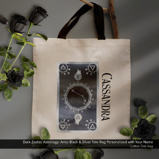 Dark Zodiac Astrology: Aries Black Silver Name Tote Bag