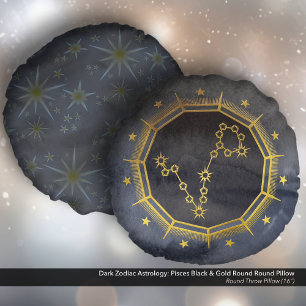 Dark Zodiac Astrology: Pisces Black & Gold Round Pillow