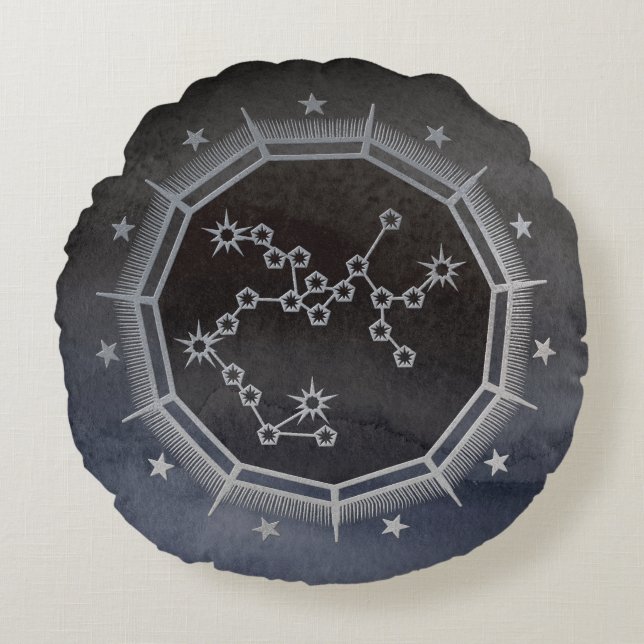 Dark Zodiac Astrology: Sagittarius Black & Silver Round Pillow (Front)