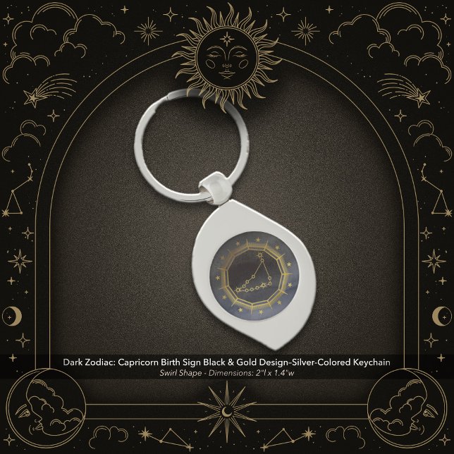 Dark Zodiac: Capricorn Birth Sign Black & Gold Keychain (Dark Zodiac: Capricorn Birth Sign Black & Gold Design on a Silver-Colored Keychain)