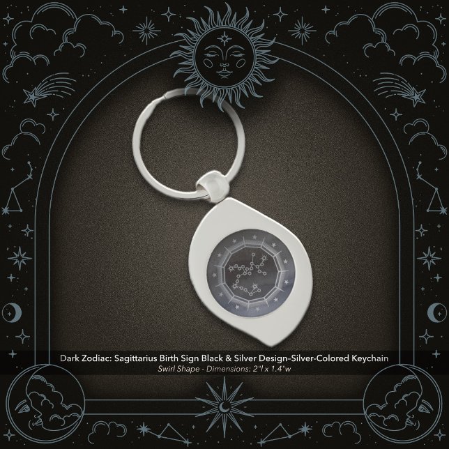 Dark Zodiac: Sagittarius Birth Sign Black & Silver Keychain (Dark Zodiac: Sagittarius Birth Sign Black & Silver Design in a Silver Colored Metal Keychain)