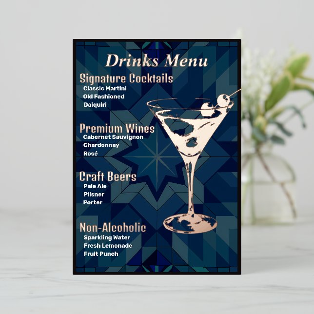 Darker Border Gold-Foiled Beverage Menu (Standing Front)