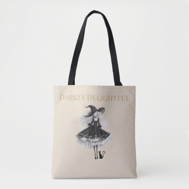 Darkly Delightful – Light Edition Witch & Cat Tote Bag (Front)