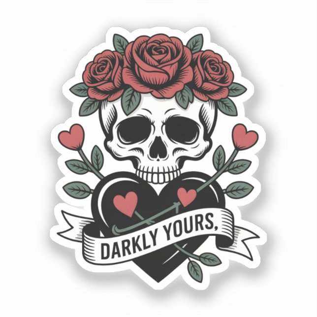 Darkly Yours Graphic: Gothic Skull with Red Roses  (Front)