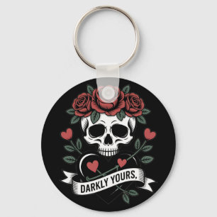 Darkly Yours Graphic: Gothic Skull with Red Roses Keychain