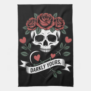 Darkly Yours Graphic: Gothic Skull with Red Roses Kitchen Towel