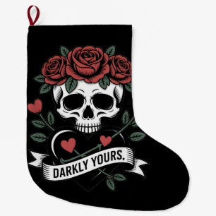 Darkly Yours Graphic: Gothic Skull with Red Roses Large Christmas Stocking
