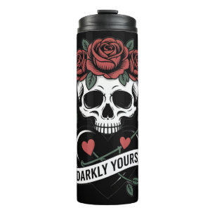 Darkly Yours Graphic: Gothic Skull with Red Roses Thermal Tumbler