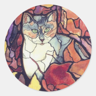 Darling Autumn Leaves Kitty Cat "stained glass" Classic Round Sticker