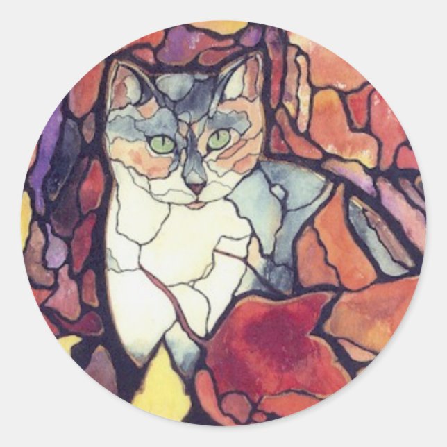 Darling Autumn Leaves Kitty Cat "stained glass" Classic Round Sticker (Front)