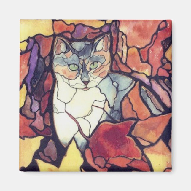 Darling Autumn Leaves Kitty Cat "stained glass" Magnet (Front)