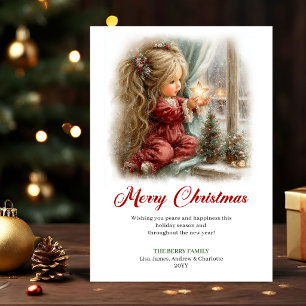 Darling Cute Little Girl Winter Scene Greeting Car Holiday Card