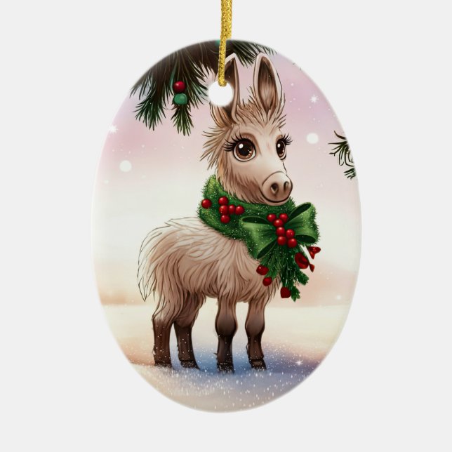 Darling Donkey Christmas Wreath Holiday Ceramic Ornament (Front)