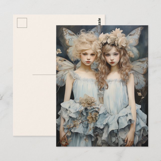 Darling Fairies Blue Satin Dress Pretty Wings  Postcard (Front/Back)