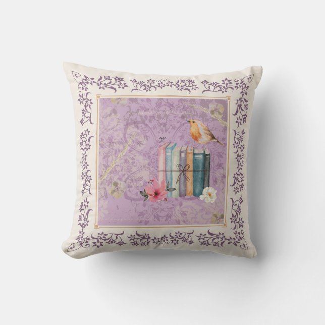 Darling Lilac Vintage Vibes Cottage Books Throw Pillow (Front)