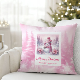 Darling Pink Snowman Snowy Christmas Pillow Decor