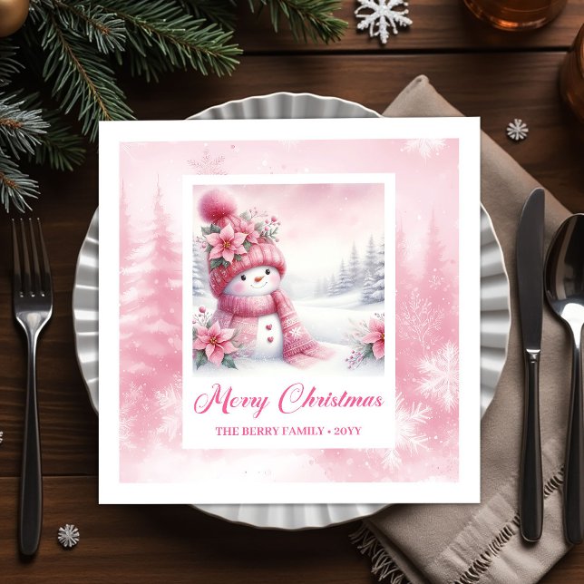 Darling Pink Snowman Winter Scene Christmas Napkin (Darling Pink Snowman Winter Scene Christmas Napkins Kids)