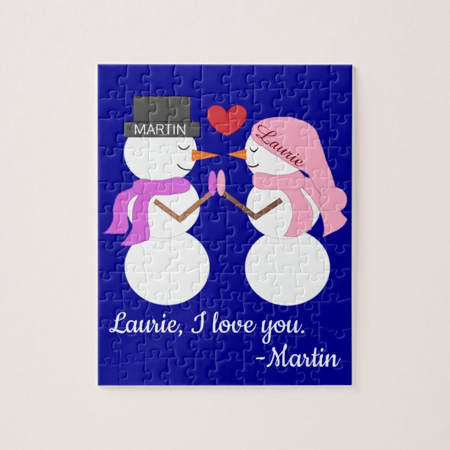 Darling Snowpeople in Love:  Dark Blue Christmas Jigsaw Puzzle (Vertical)