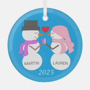 Darling Snowpeople in Love Glass Ornament