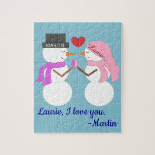 Darling Snowpeople in Love:  Light Blue Christmas Jigsaw Puzzle