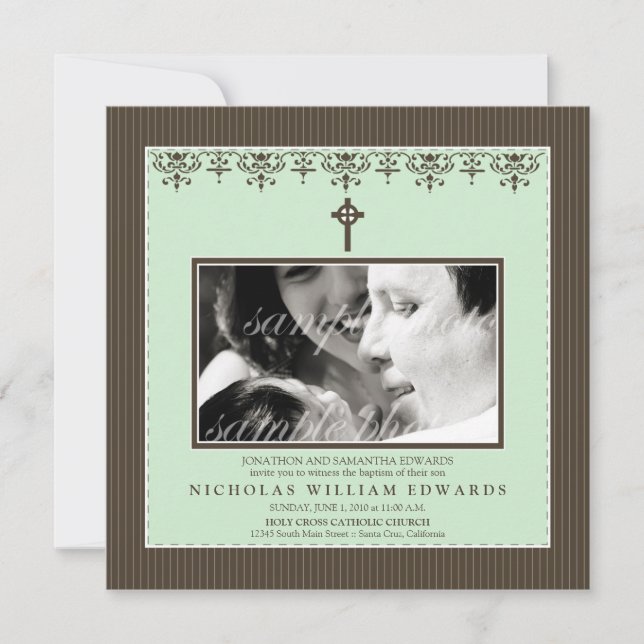Darling Victorian Mint Green Baptism Invitation (Front)