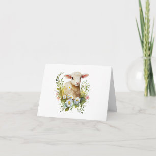 Darling Watercolor Baby Lamb with Flowers BLANK Card