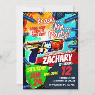 Dart gun birthday invitation, Dart gun war invite