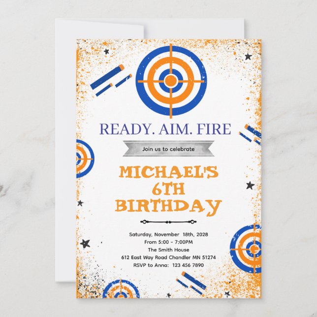 Dart gun birthday party invitation (Devant)