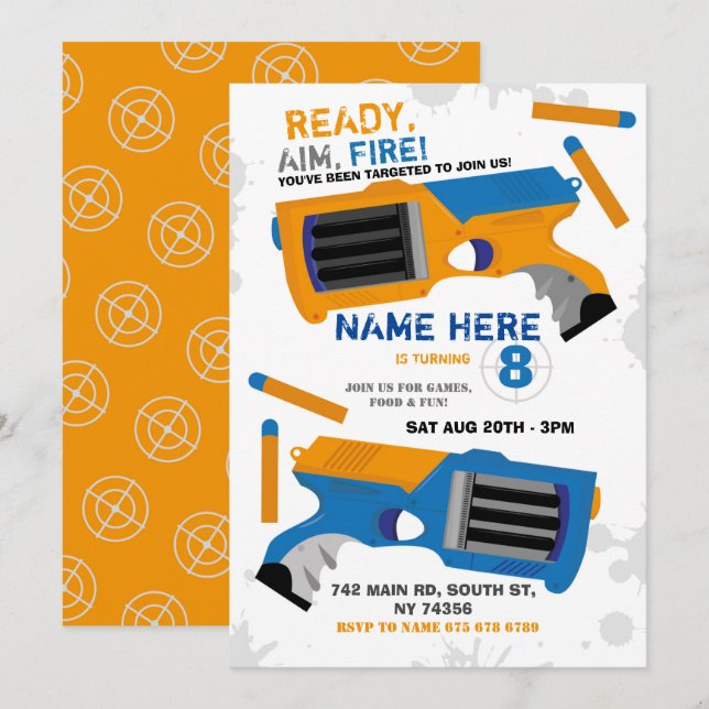 Dart Gun Fun Aim Shoot Blue Birthday Invitation (Front/Back)