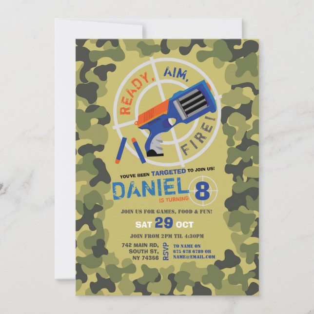 Dart Gun Fun Aim Shoot Camo Birthday Invitation (Front)