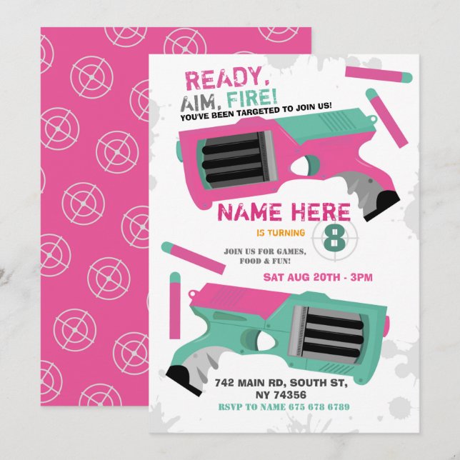 Dart Gun Fun Aim Shoot Girls Birthday Invitation (Front/Back)