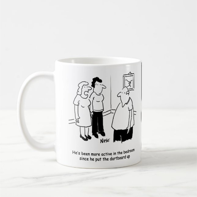 Dartboard in the Bedroom. Funny Cartoon Coffee Mug (Left)