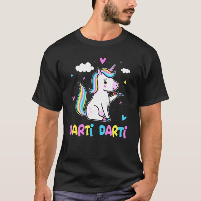Darti Darti Cute Unicorn Darts Player Darts T-Shirt (Front)